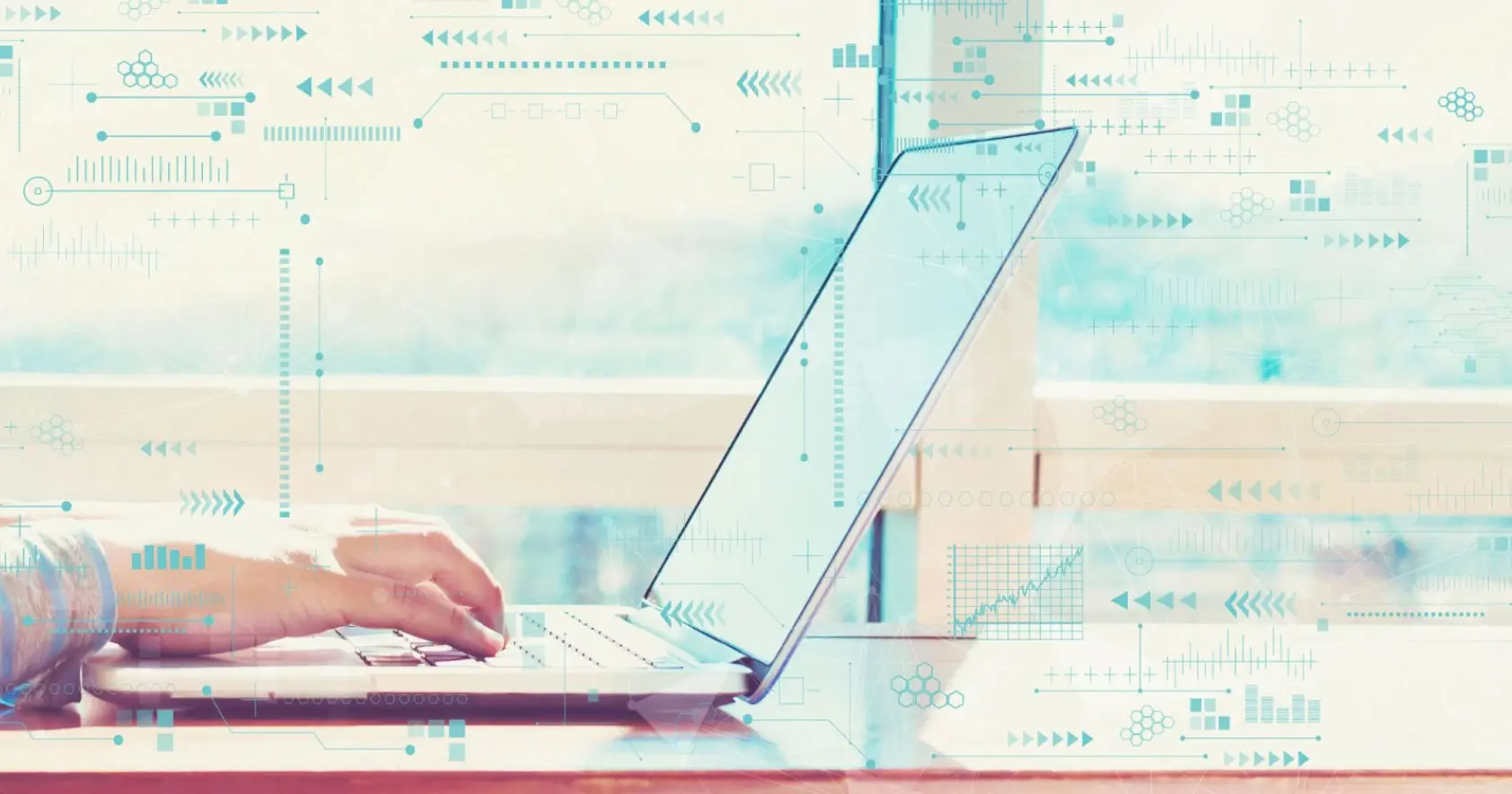 Image of someone using a laptop with AI numbers and figures floating in the air.