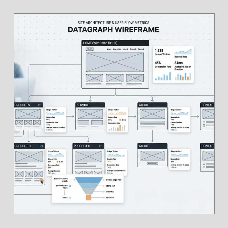 Technical site architecture and user flow metrics wireframe used during a Spring Creative systemic infrastructure audit to identify technical debt and growth opportunities.