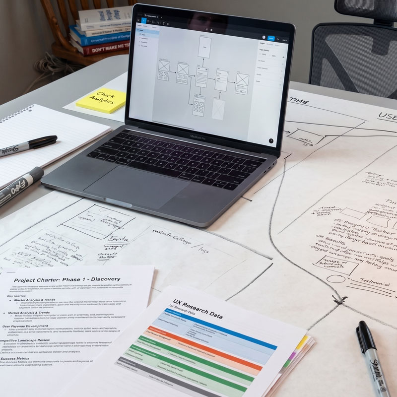 Technical blueprint and laptop displaying identity architecture and brand systems design.