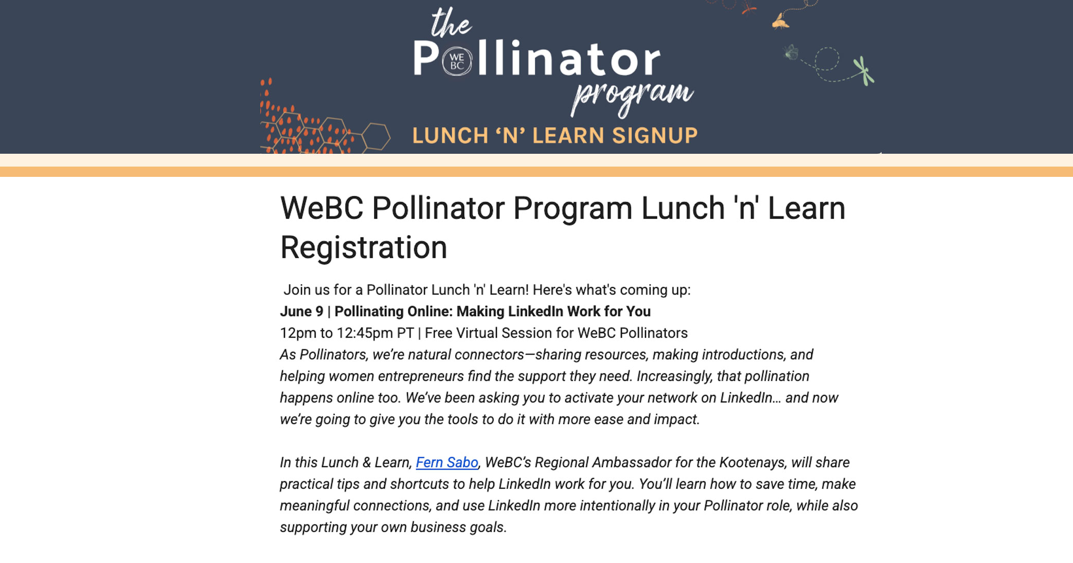 Official WeBC Pollinator Program Lunch 'n' Learn signup graphic.